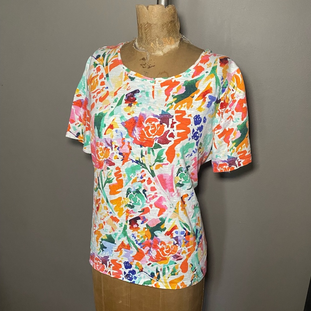 Chico’s Watercolor Floral Tee Size 2 (US L) Cotton Modal Short Sleeve Top